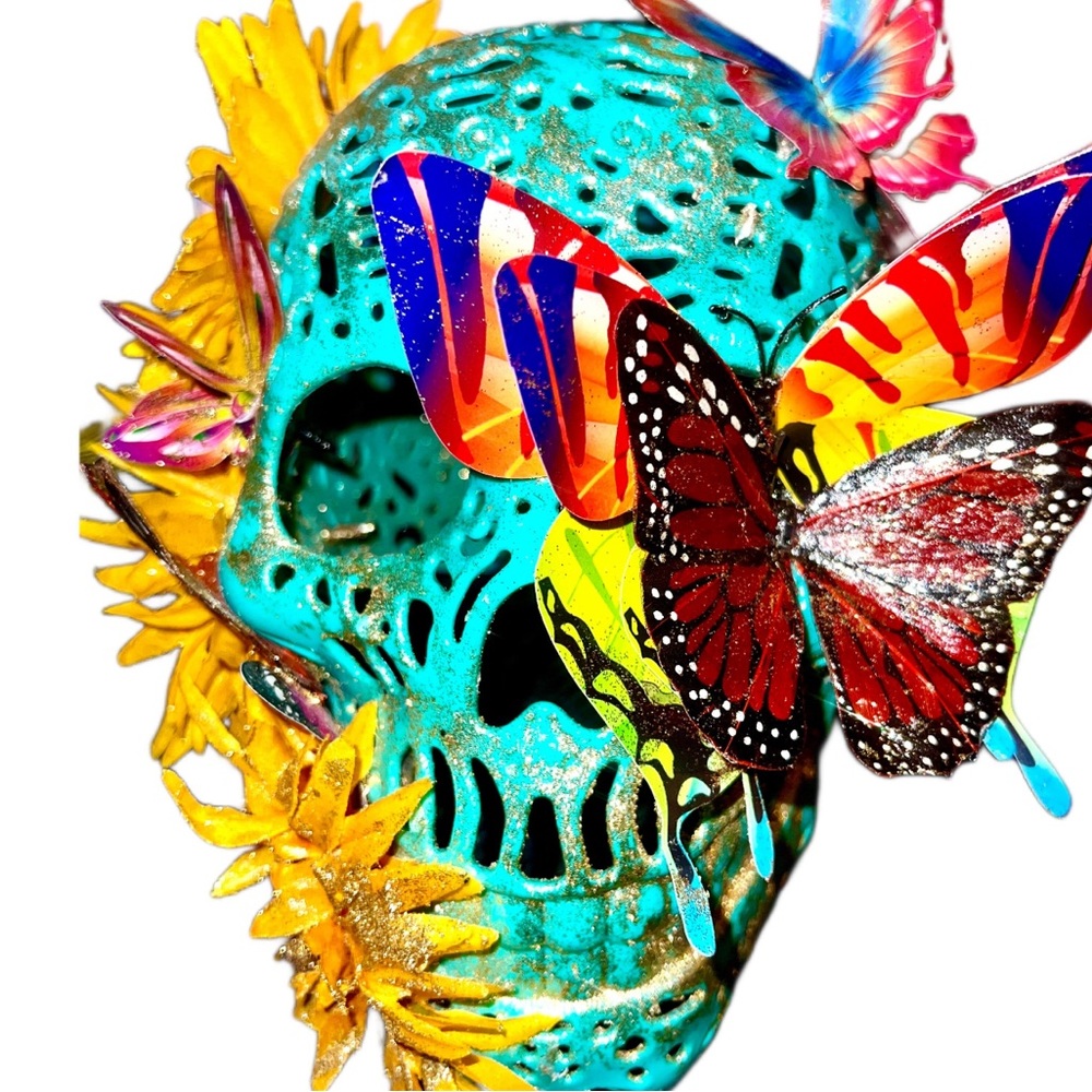 Teal Blue Sunburst Glitter & Glee Sunflower Skull Home Decor Art Piece